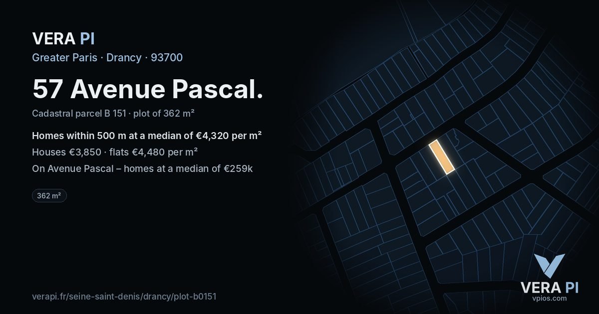 57 Avenue Pascal, Drancy at night – the plot lit, the parcels around coloured by the prices near them