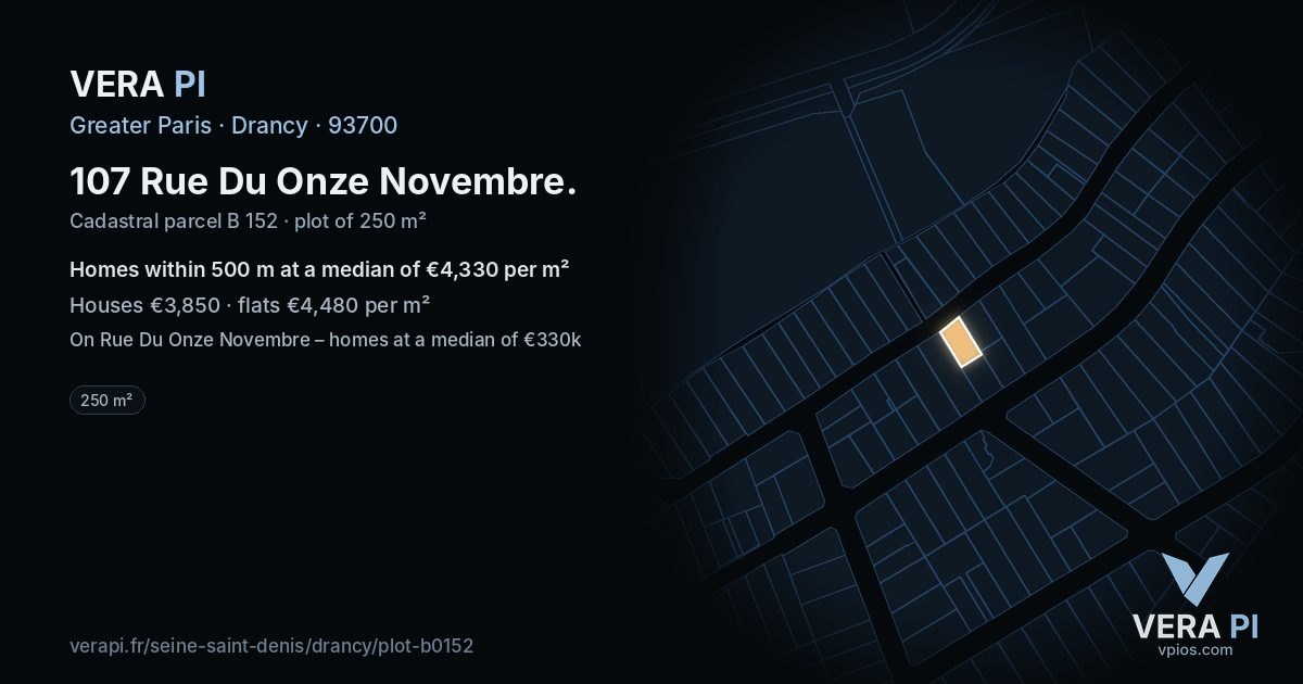 107 Rue Du Onze Novembre, Drancy at night – the plot lit, the parcels around coloured by the prices near them