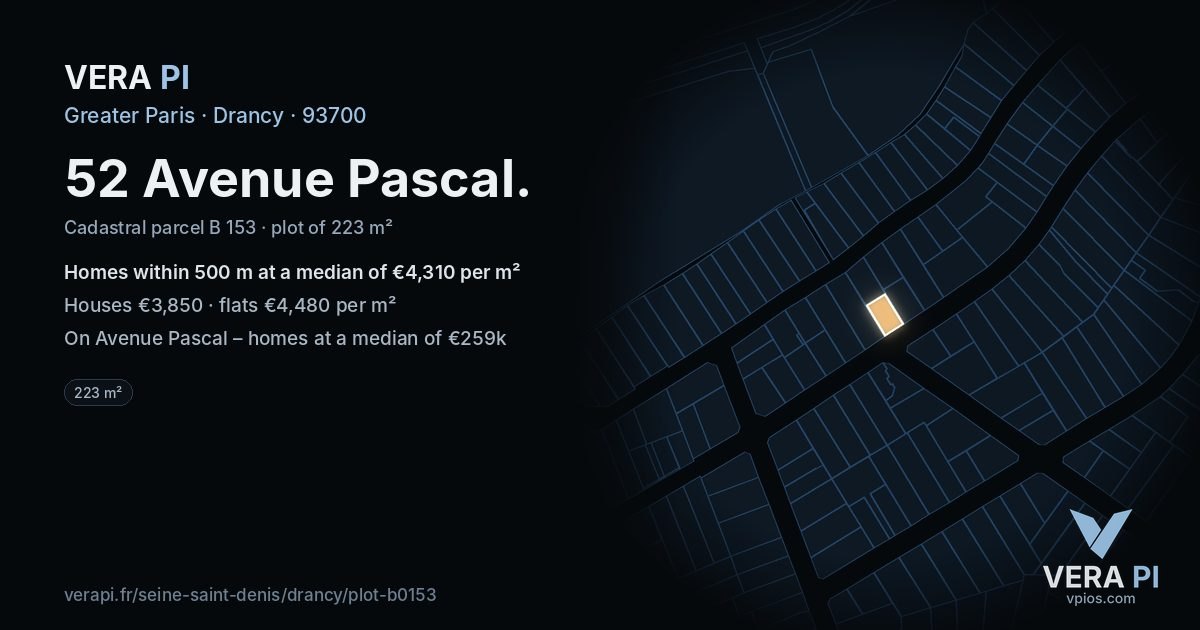 52 Avenue Pascal, Drancy at night – the plot lit, the parcels around coloured by the prices near them