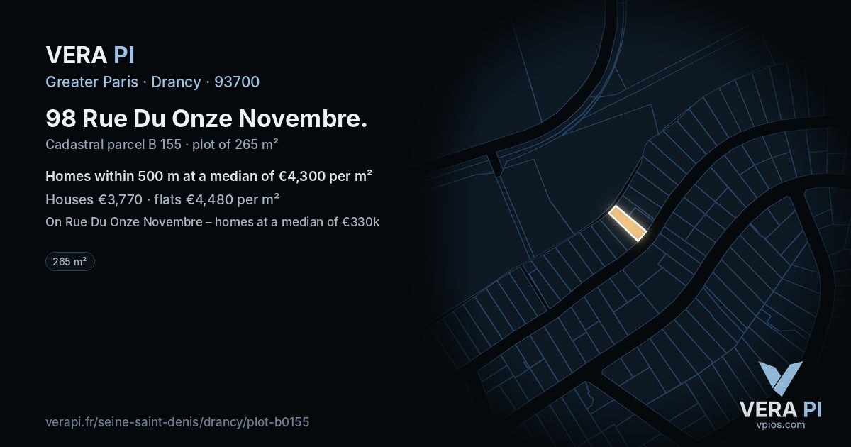 98 Rue Du Onze Novembre, Drancy at night – the plot lit, the parcels around coloured by the prices near them