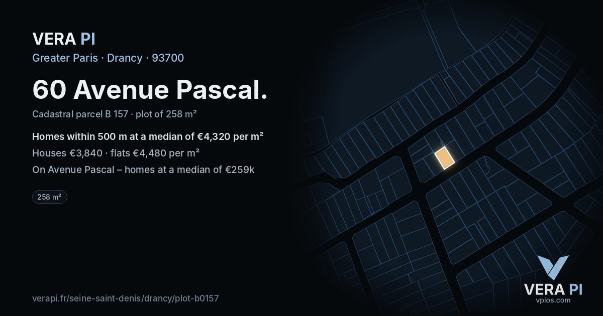 60 Avenue Pascal, Drancy at night – the plot lit, the parcels around coloured by the prices near them