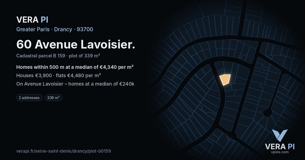 60 Avenue Lavoisier, Drancy at night – the plot lit, the parcels around coloured by the prices near them