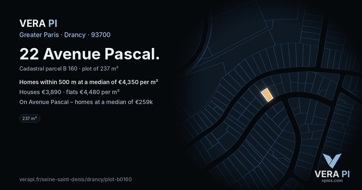 22 Avenue Pascal, Drancy at night – the plot lit, the parcels around coloured by the prices near them