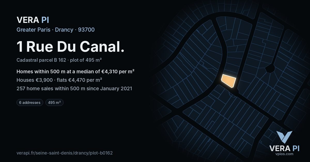1 Rue Du Canal, Drancy at night – the plot lit, the parcels around coloured by the prices near them