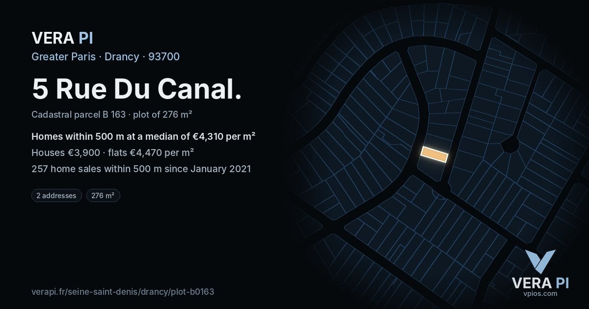 5 Rue Du Canal, Drancy at night – the plot lit, the parcels around coloured by the prices near them
