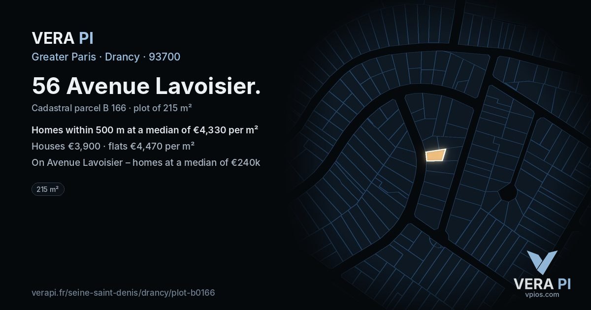 56 Avenue Lavoisier, Drancy at night – the plot lit, the parcels around coloured by the prices near them
