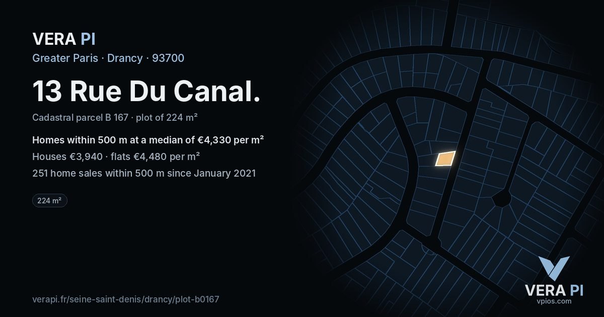 13 Rue Du Canal, Drancy at night – the plot lit, the parcels around coloured by the prices near them