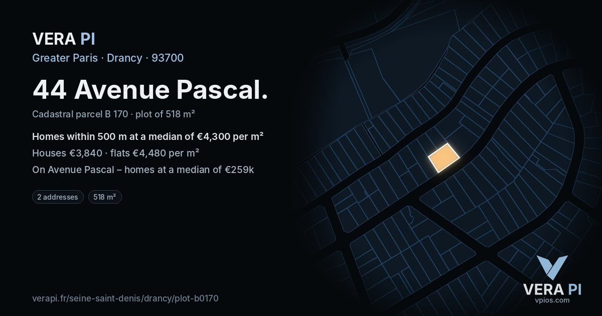 44 Avenue Pascal, Drancy at night – the plot lit, the parcels around coloured by the prices near them