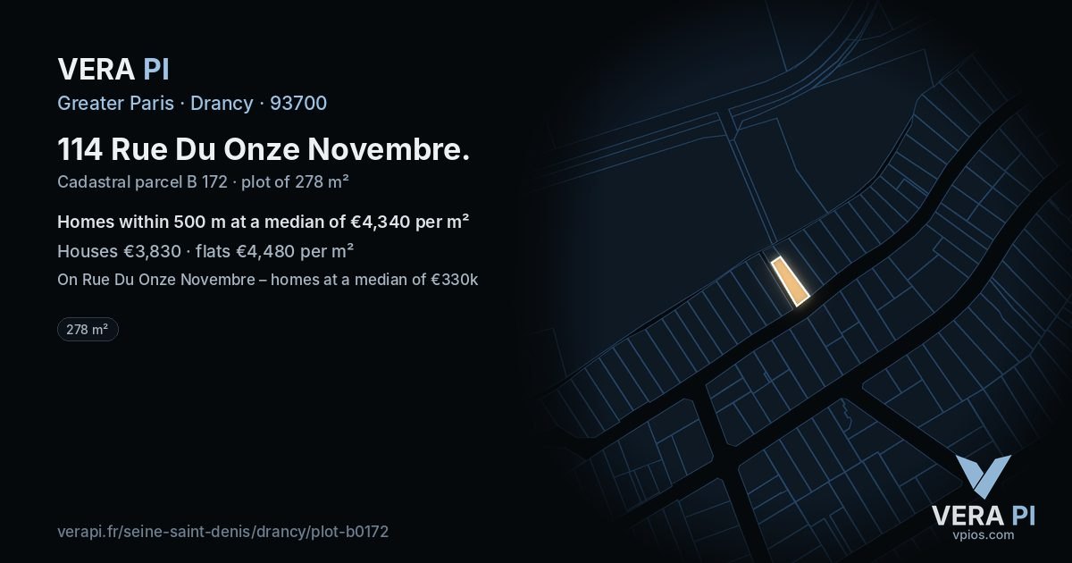 114 Rue Du Onze Novembre, Drancy at night – the plot lit, the parcels around coloured by the prices near them