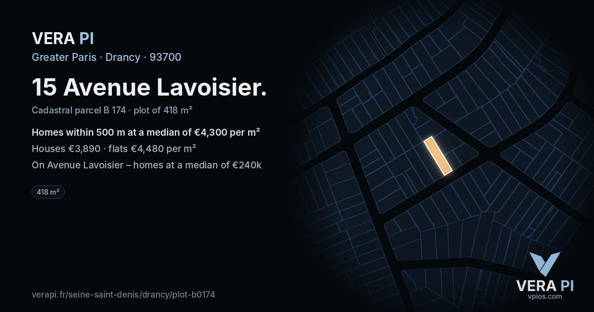 15 Avenue Lavoisier, Drancy at night – the plot lit, the parcels around coloured by the prices near them