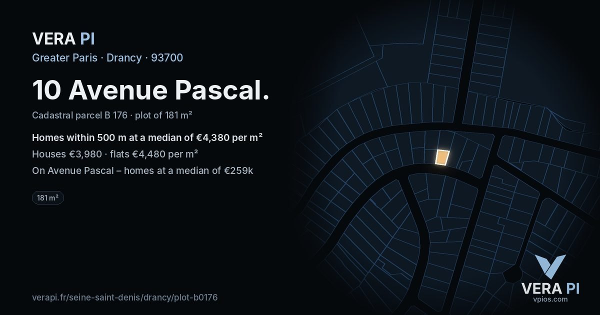 10 Avenue Pascal, Drancy at night – the plot lit, the parcels around coloured by the prices near them