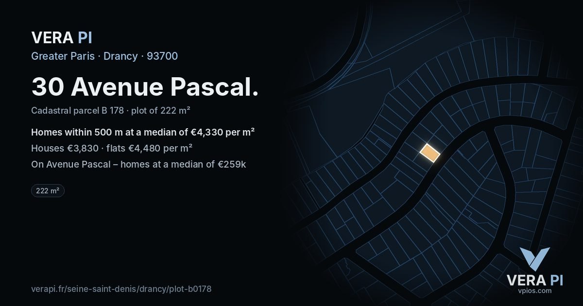 30 Avenue Pascal, Drancy at night – the plot lit, the parcels around coloured by the prices near them