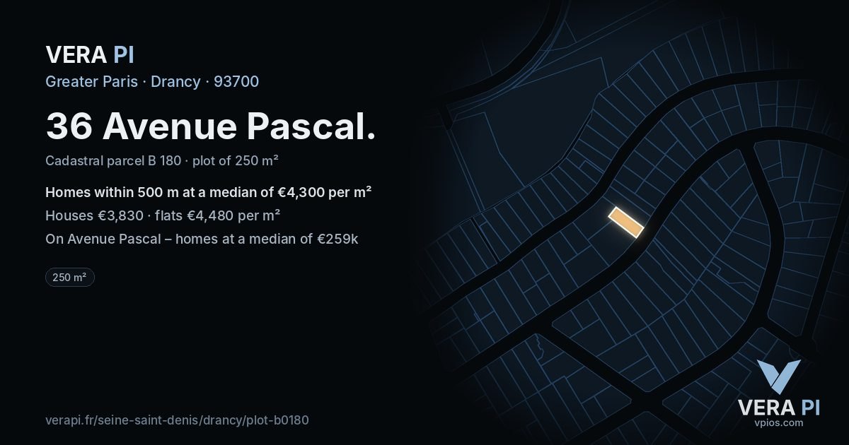 36 Avenue Pascal, Drancy at night – the plot lit, the parcels around coloured by the prices near them