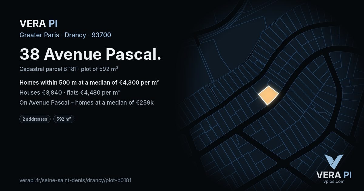 38 Avenue Pascal, Drancy at night – the plot lit, the parcels around coloured by the prices near them
