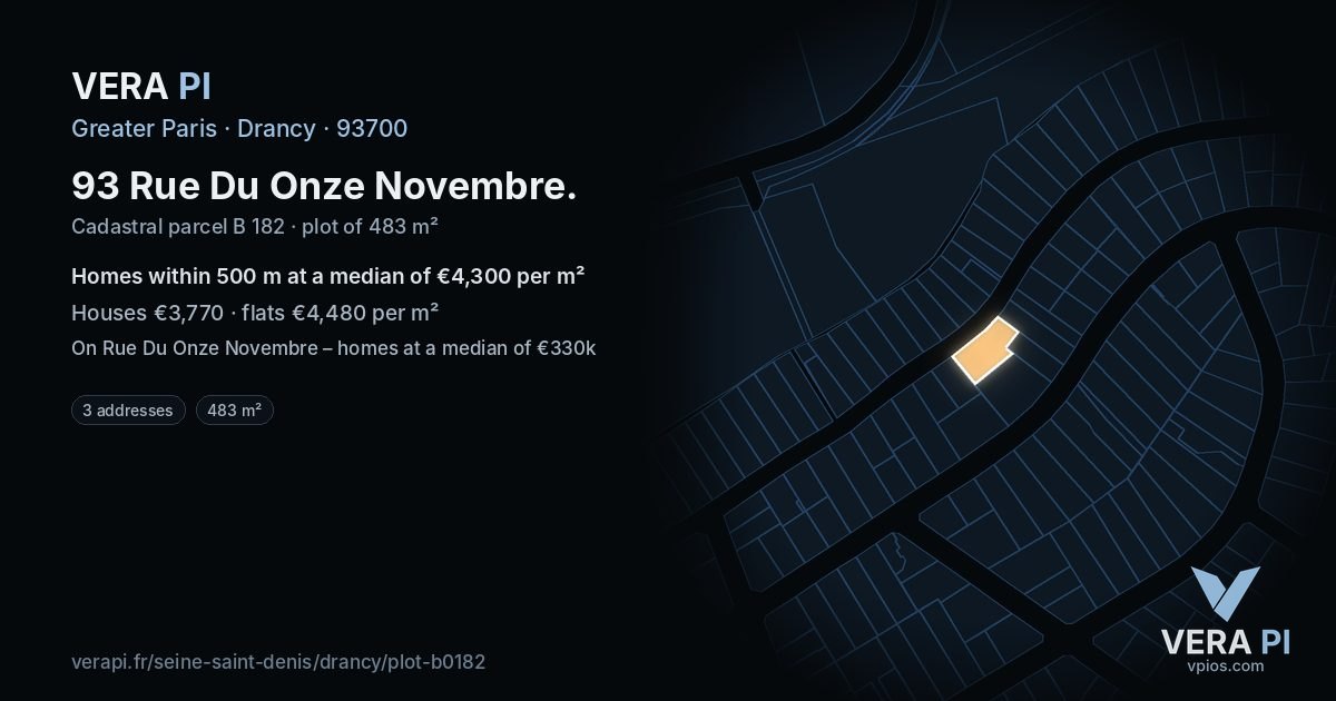 93 Rue Du Onze Novembre, Drancy at night – the plot lit, the parcels around coloured by the prices near them