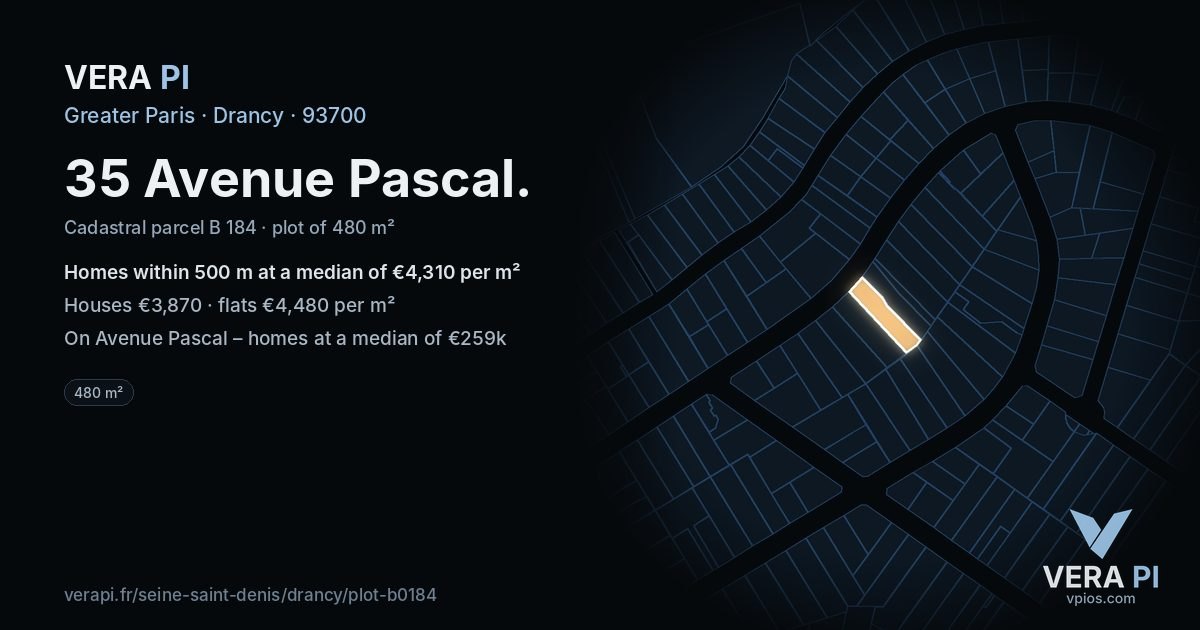 35 Avenue Pascal, Drancy at night – the plot lit, the parcels around coloured by the prices near them