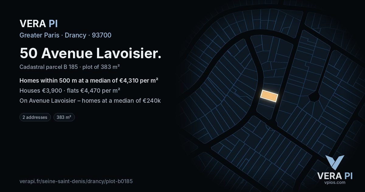 50 Avenue Lavoisier, Drancy at night – the plot lit, the parcels around coloured by the prices near them
