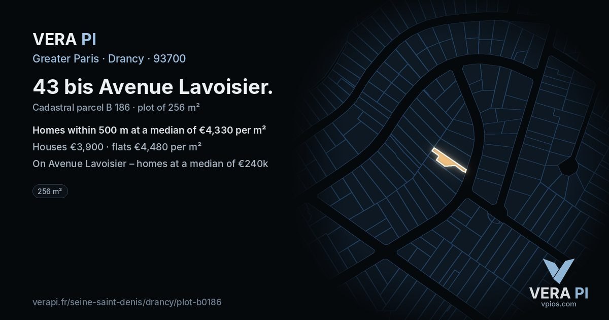 43 bis Avenue Lavoisier, Drancy at night – the plot lit, the parcels around coloured by the prices near them