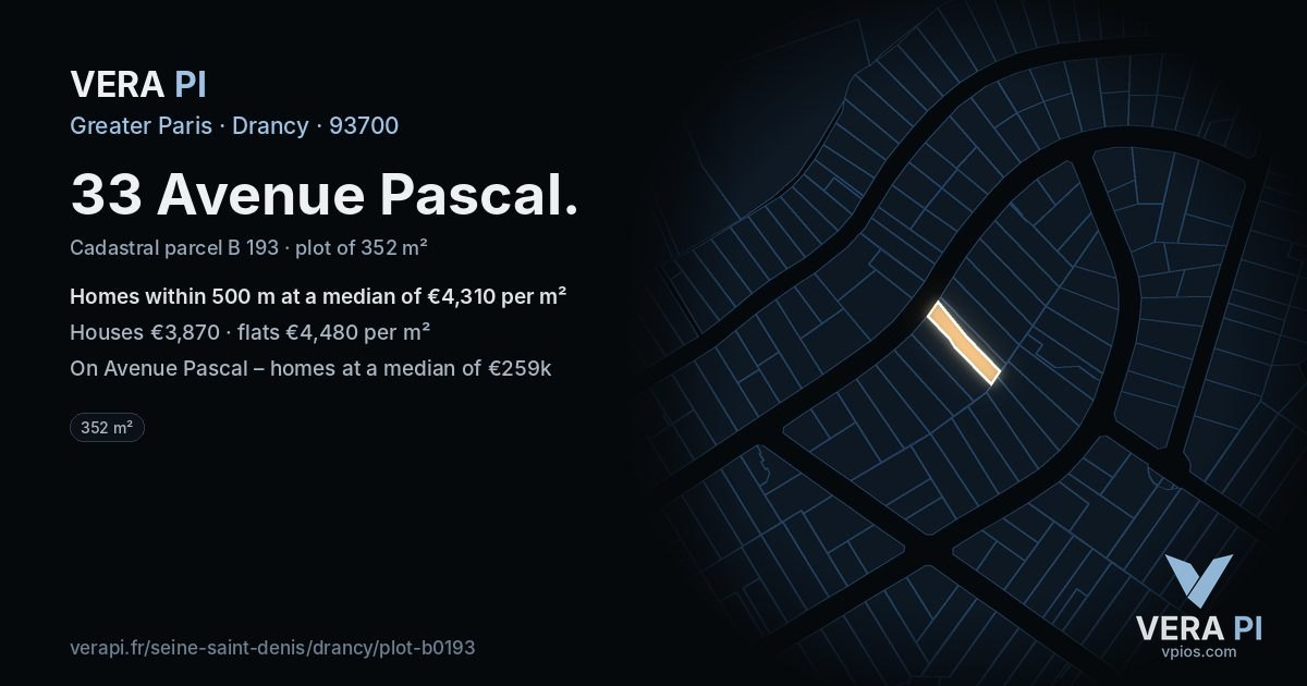33 Avenue Pascal, Drancy at night – the plot lit, the parcels around coloured by the prices near them