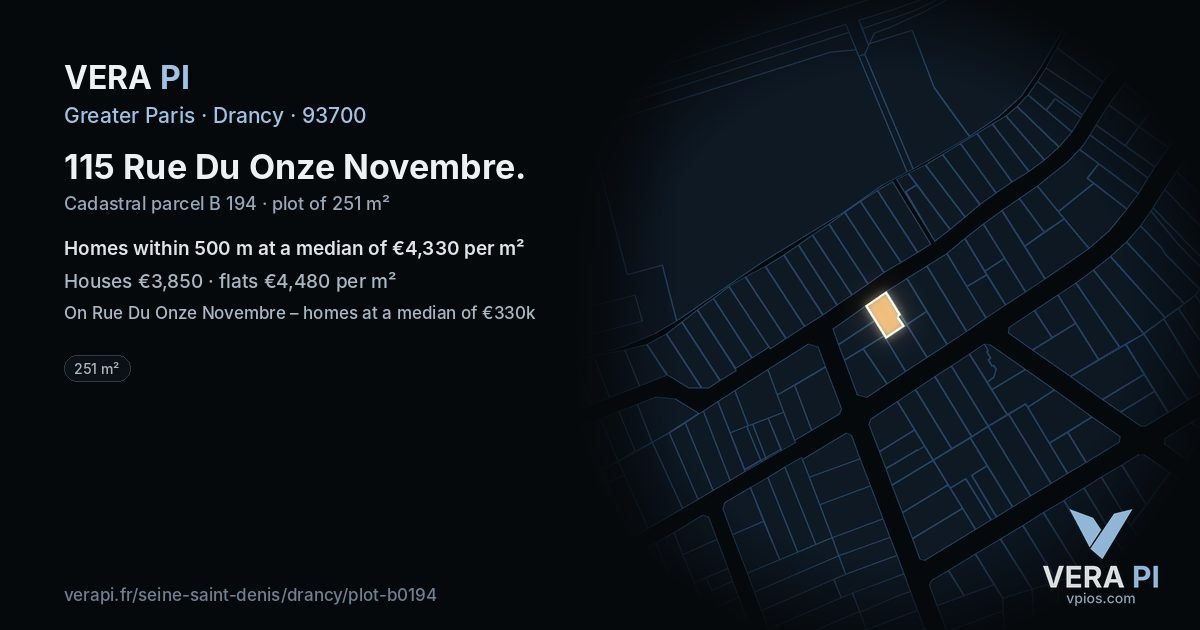 115 Rue Du Onze Novembre, Drancy at night – the plot lit, the parcels around coloured by the prices near them