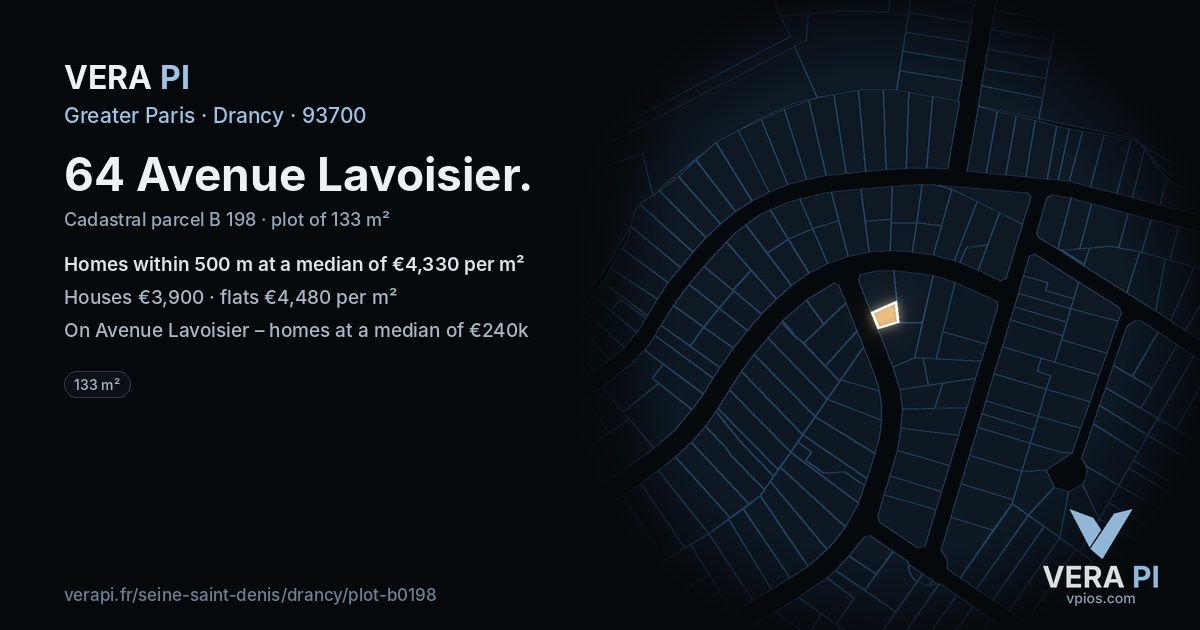 64 Avenue Lavoisier, Drancy at night – the plot lit, the parcels around coloured by the prices near them