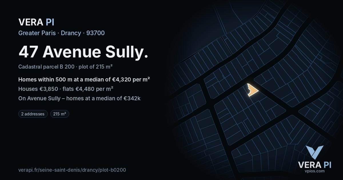 47 Avenue Sully, Drancy at night – the plot lit, the parcels around coloured by the prices near them