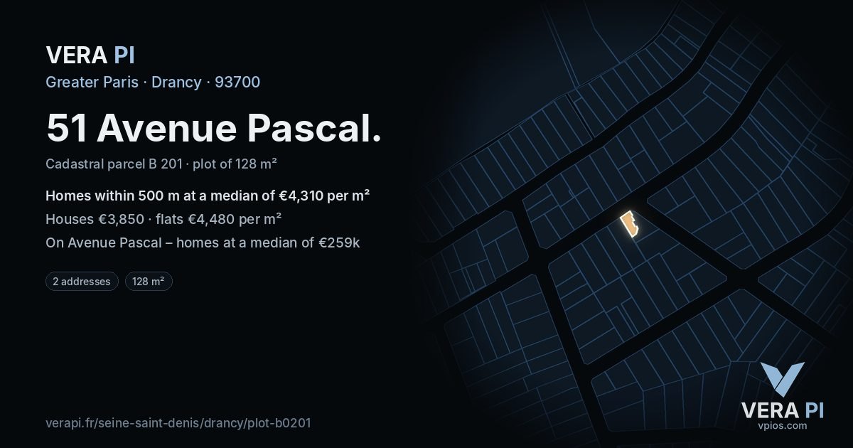 51 Avenue Pascal, Drancy at night – the plot lit, the parcels around coloured by the prices near them