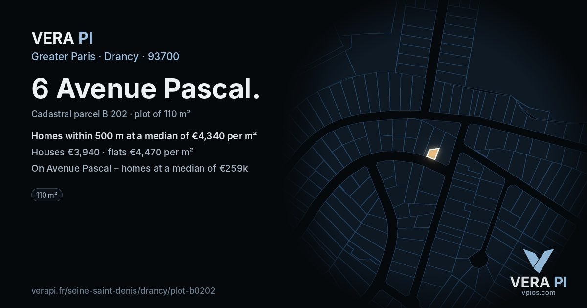 6 Avenue Pascal, Drancy at night – the plot lit, the parcels around coloured by the prices near them