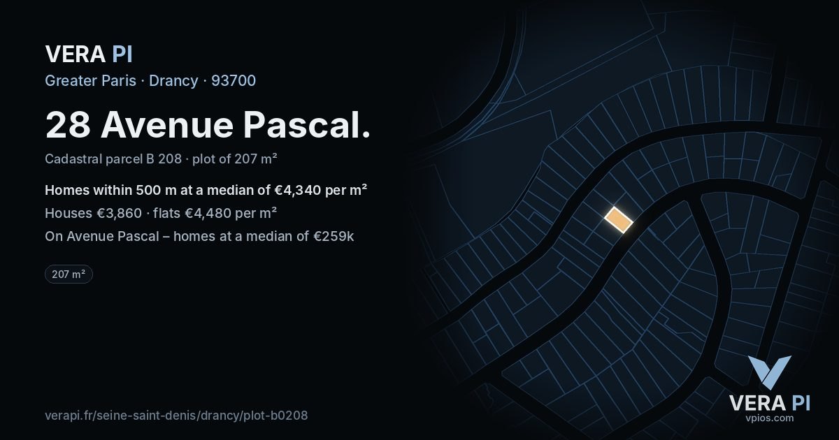 28 Avenue Pascal, Drancy at night – the plot lit, the parcels around coloured by the prices near them