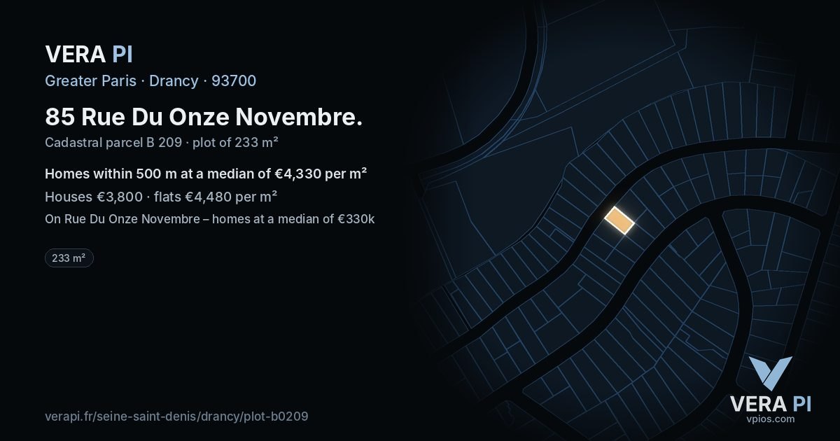 85 Rue Du Onze Novembre, Drancy at night – the plot lit, the parcels around coloured by the prices near them