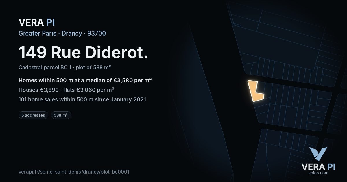 149 Rue Diderot, Drancy at night – the plot lit, the parcels around coloured by the prices near them