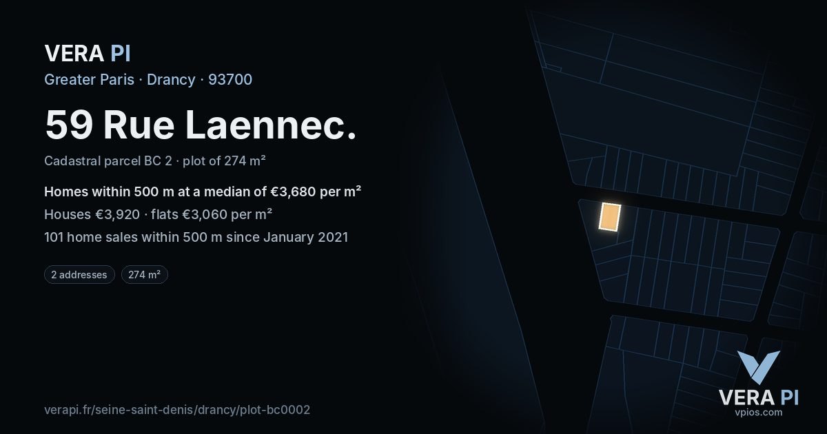 59 Rue Laennec, Drancy at night – the plot lit, the parcels around coloured by the prices near them