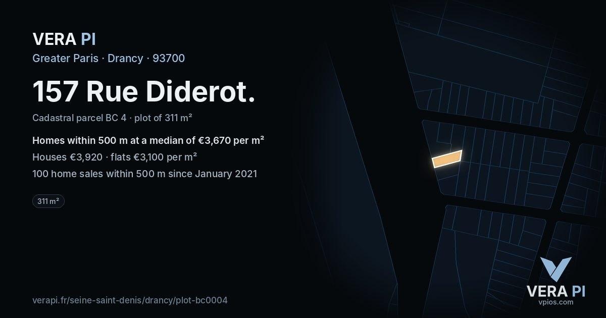 157 Rue Diderot, Drancy at night – the plot lit, the parcels around coloured by the prices near them