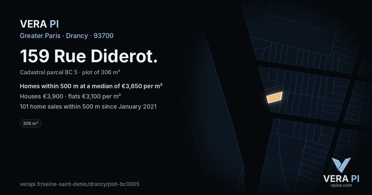 159 Rue Diderot, Drancy at night – the plot lit, the parcels around coloured by the prices near them