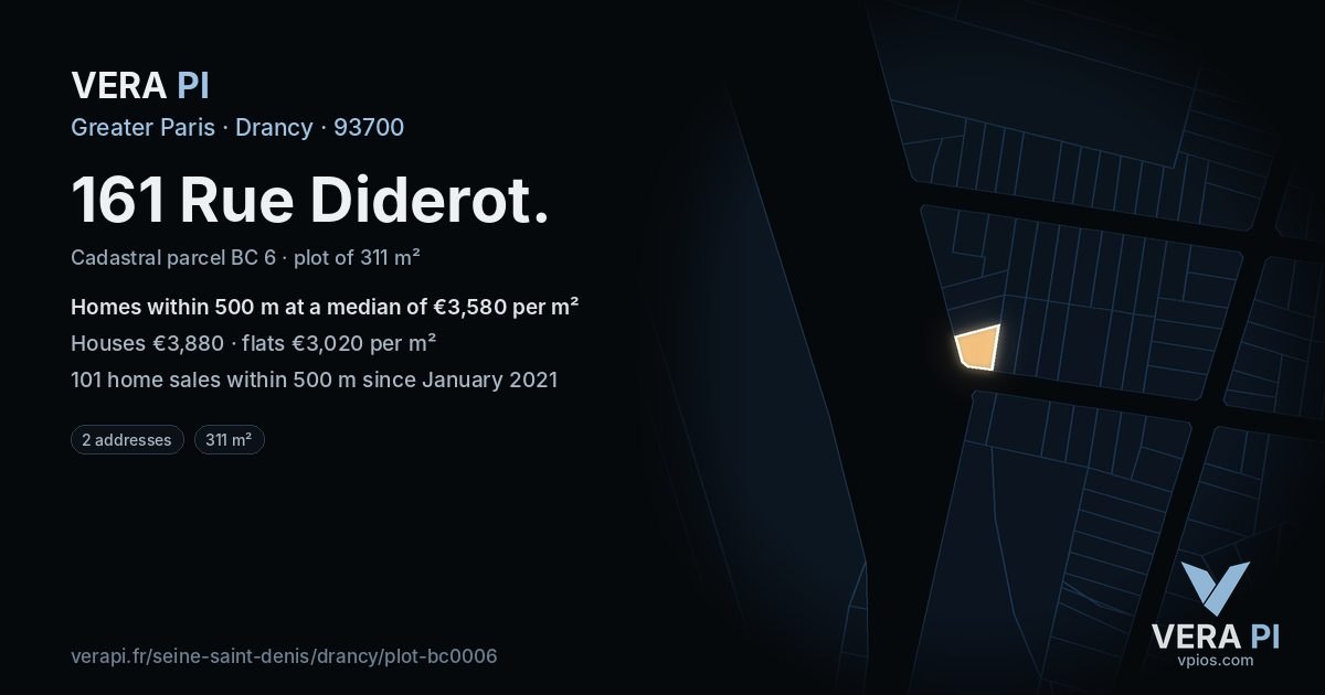 161 Rue Diderot, Drancy at night – the plot lit, the parcels around coloured by the prices near them