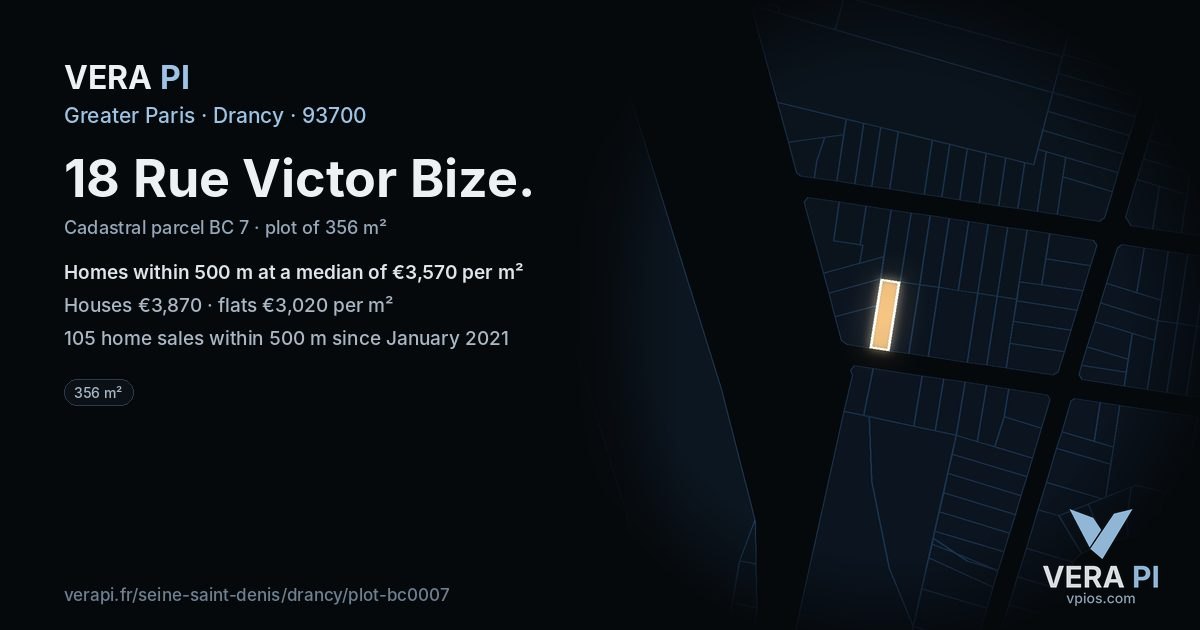 18 Rue Victor Bize, Drancy at night – the plot lit, the parcels around coloured by the prices near them