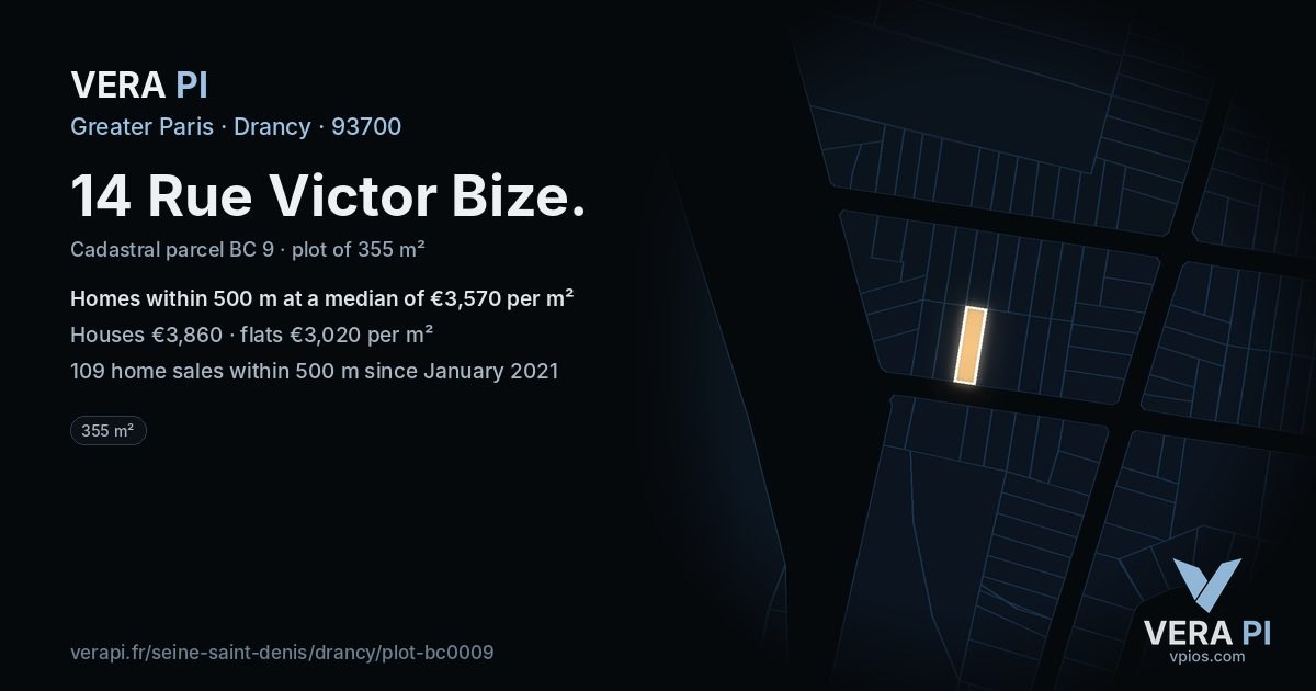 14 Rue Victor Bize, Drancy at night – the plot lit, the parcels around coloured by the prices near them