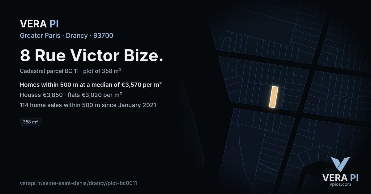 8 Rue Victor Bize, Drancy at night – the plot lit, the parcels around coloured by the prices near them