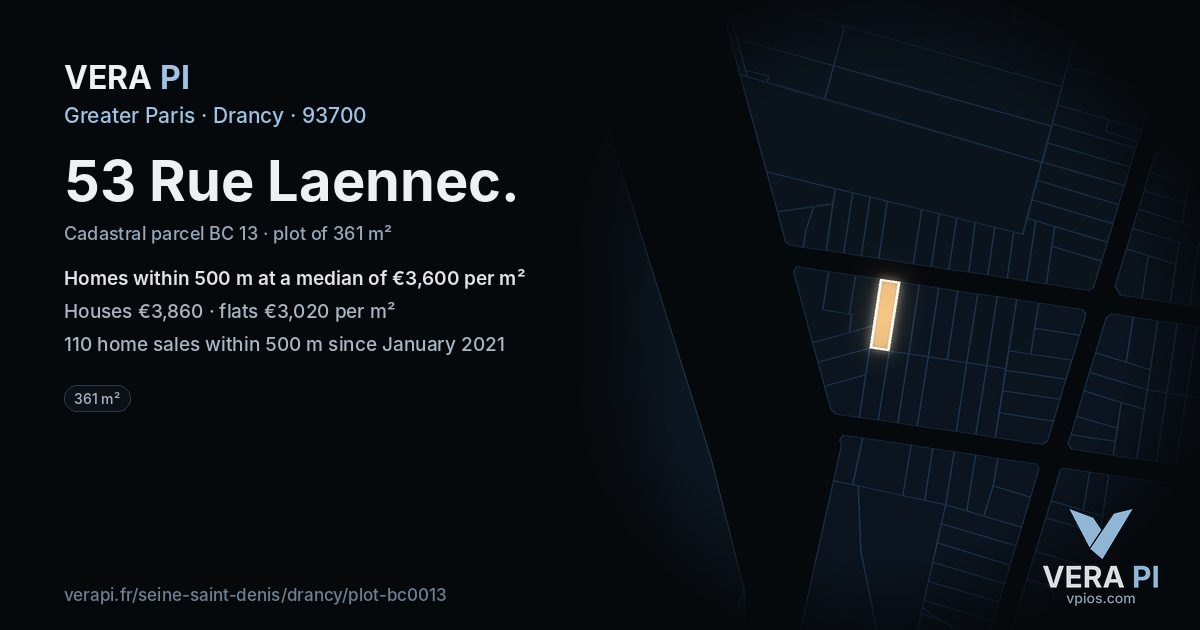 53 Rue Laennec, Drancy at night – the plot lit, the parcels around coloured by the prices near them