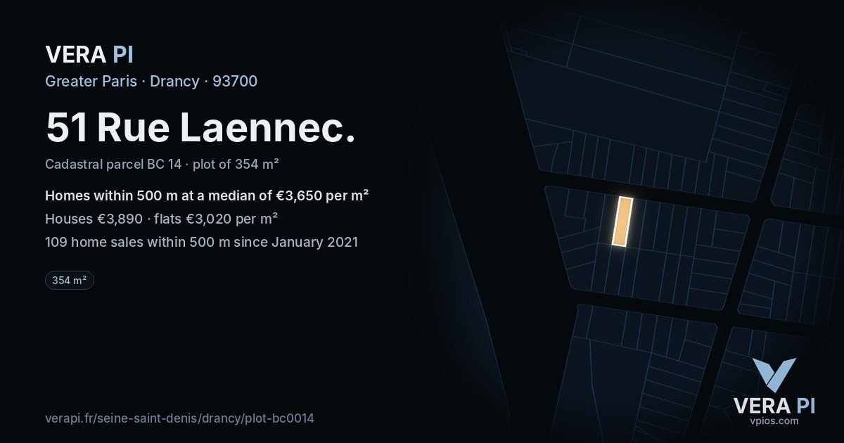 51 Rue Laennec, Drancy at night – the plot lit, the parcels around coloured by the prices near them