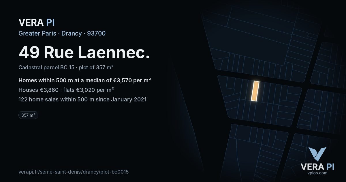 49 Rue Laennec, Drancy at night – the plot lit, the parcels around coloured by the prices near them