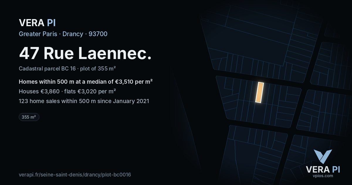 47 Rue Laennec, Drancy at night – the plot lit, the parcels around coloured by the prices near them