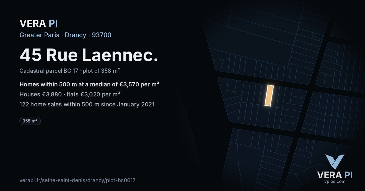 45 Rue Laennec, Drancy at night – the plot lit, the parcels around coloured by the prices near them