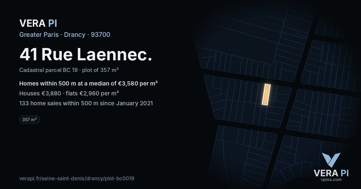 41 Rue Laennec, Drancy at night – the plot lit, the parcels around coloured by the prices near them