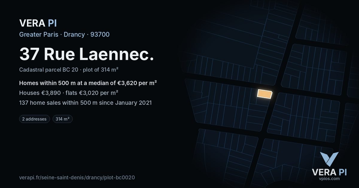 37 Rue Laennec, Drancy at night – the plot lit, the parcels around coloured by the prices near them