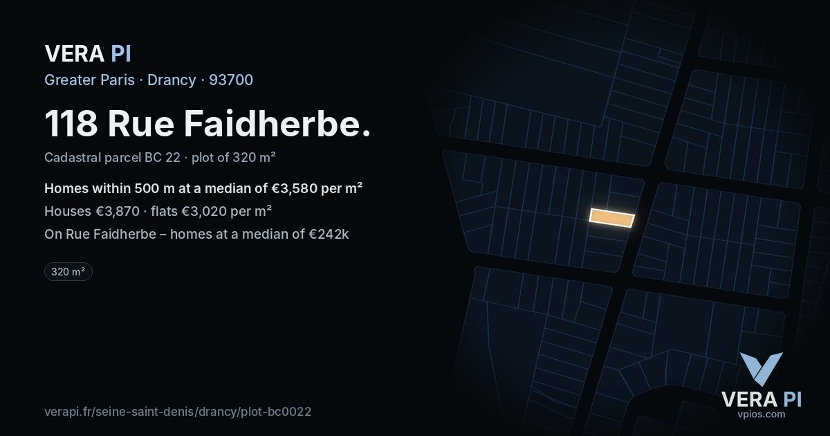 118 Rue Faidherbe, Drancy at night – the plot lit, the parcels around coloured by the prices near them