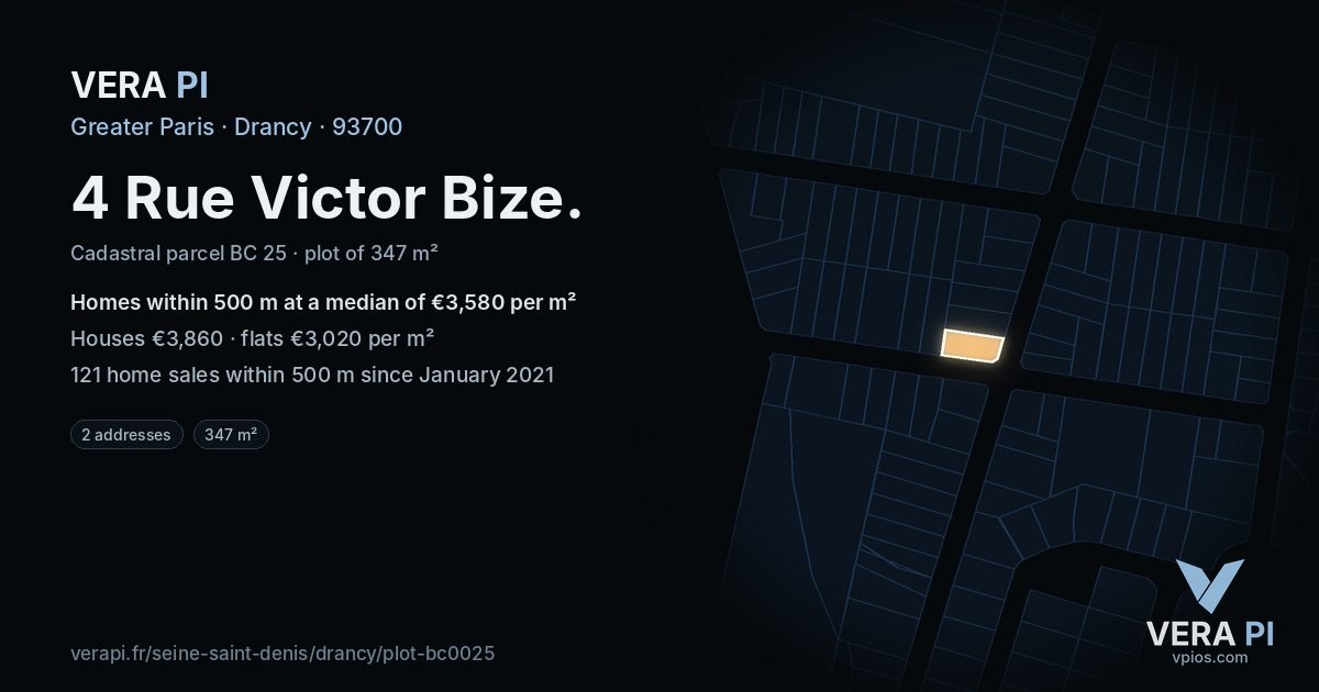 4 Rue Victor Bize, Drancy at night – the plot lit, the parcels around coloured by the prices near them