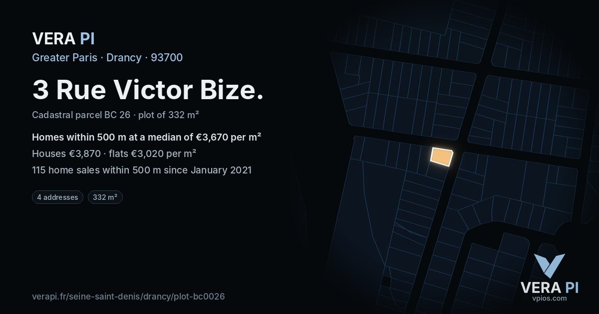 3 Rue Victor Bize, Drancy at night – the plot lit, the parcels around coloured by the prices near them