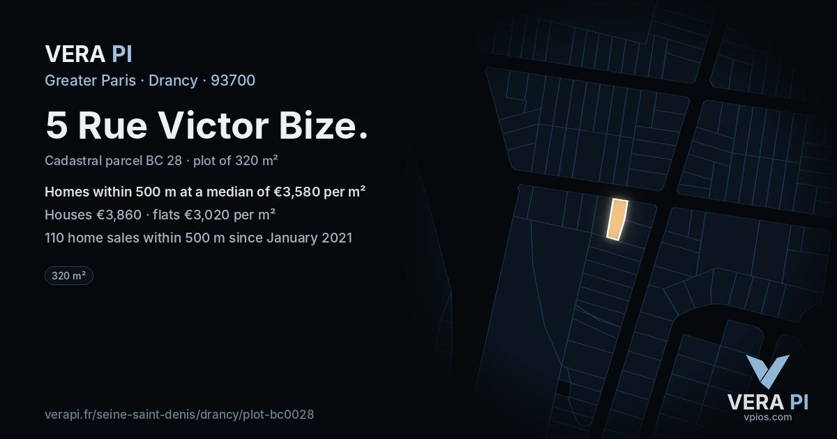 5 Rue Victor Bize, Drancy at night – the plot lit, the parcels around coloured by the prices near them