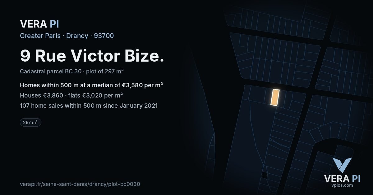 9 Rue Victor Bize, Drancy at night – the plot lit, the parcels around coloured by the prices near them